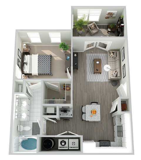 Floor plan for 1 bed, 1 bath, 755 sqft